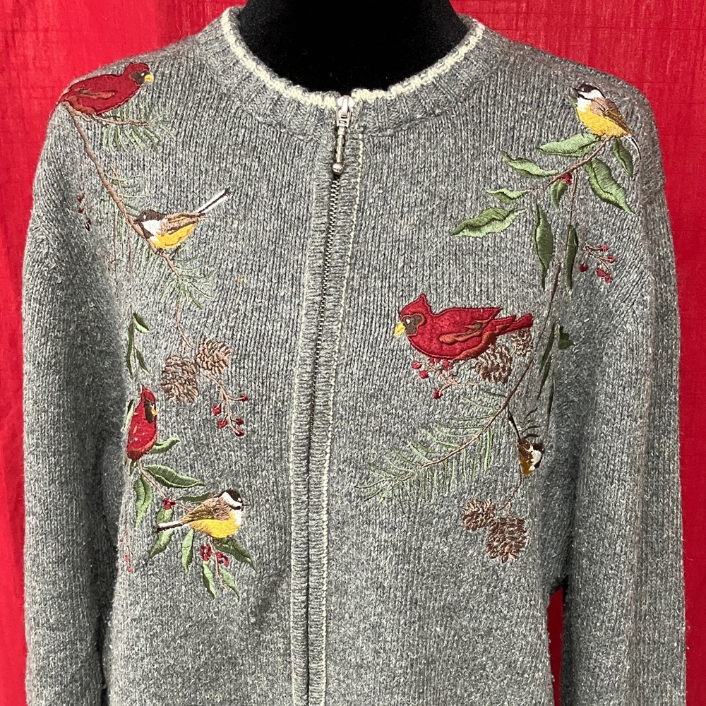 Embroidered Gray Sweater with Bird Design
